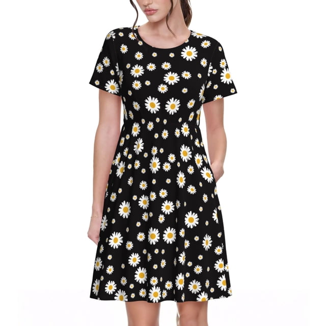 Bixox Robe d'Été à Manches Courtes pour Femmes Robe Ample Longueur Genou avec Poches-Daisy