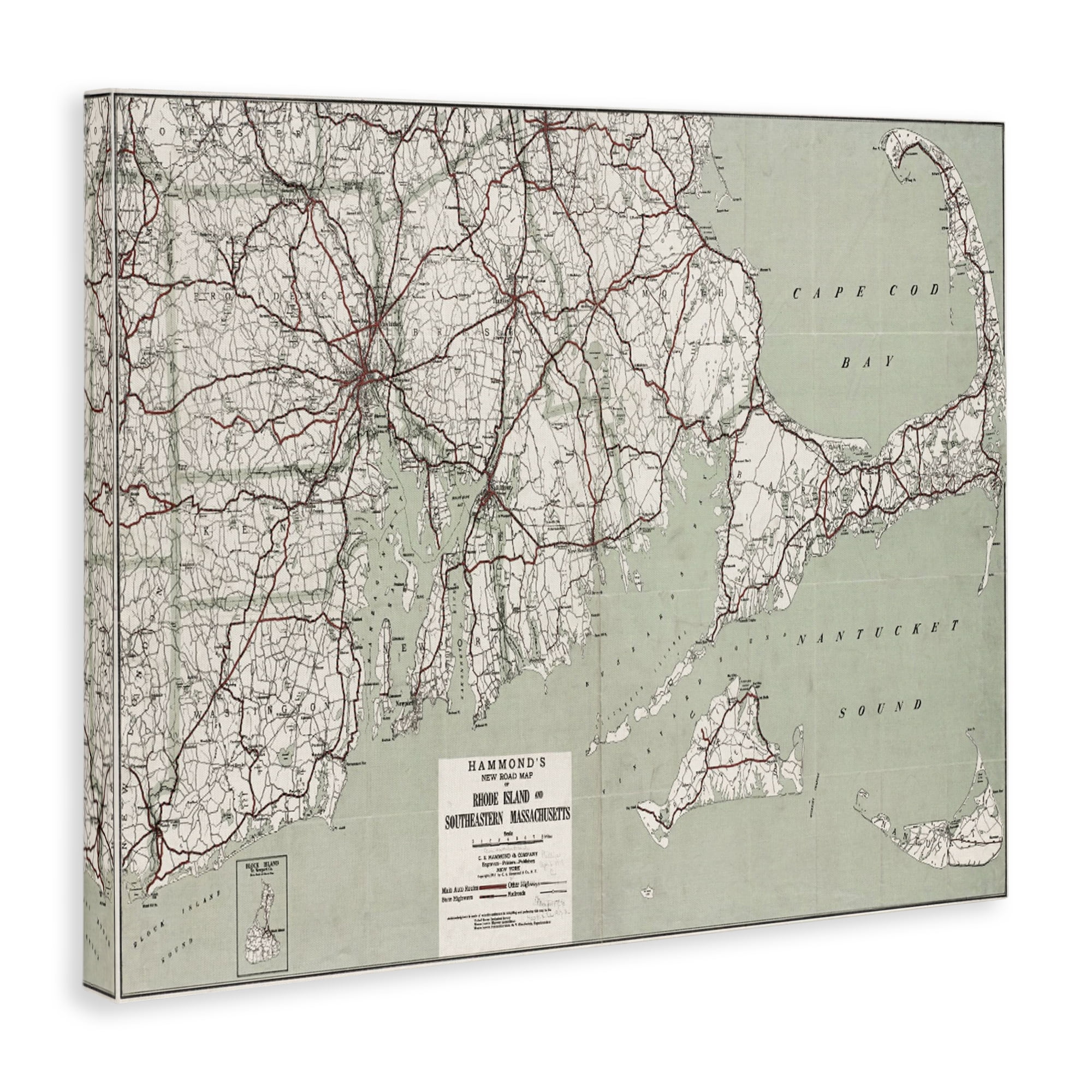Stupell Industries Cape Cod & RI Map Cities & Countries Painting Wrapped Canvas Art Print Wall Art, 48 x 36