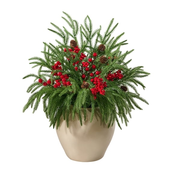 DR.Planzen 22" Red Berry & Pinecone Artificial Christmas Plant in Decorative Pot, Realistic Norfolk Pine Centerpiece with 300 PE Leaves, Indoor Holiday Tabletop Decor