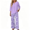 thumbnail image 3 of Two Piece Sets for Women Wide Leg Pants and V Neck Three Quarter Sleeve Shirt Airport Beach Vacation Clothes, 3 of 5