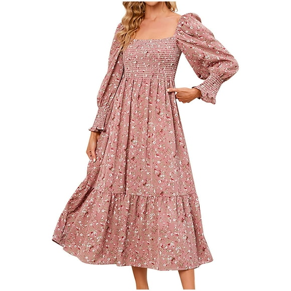 Pink Dresses for Women Puff Long Sleeve Printing Floral Pattern Holiday Dress Square Neck Fit And Flare Trendy Vacation Casual Sun Dress Maxi Fashion Daily A-Line Blouse Pleated Swing Hem Dress,M