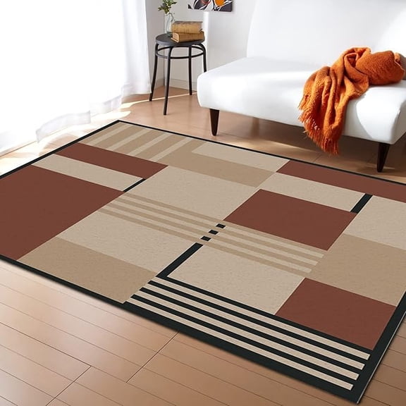 Brown Beige Geometric Color Block Area Rug, Plaid Striped Black Line Square Soft Washable Carpet, Upholstery Rug With Non-Slip Backing For Kids Bedroom Living Room Dining Room 2 x 3ft