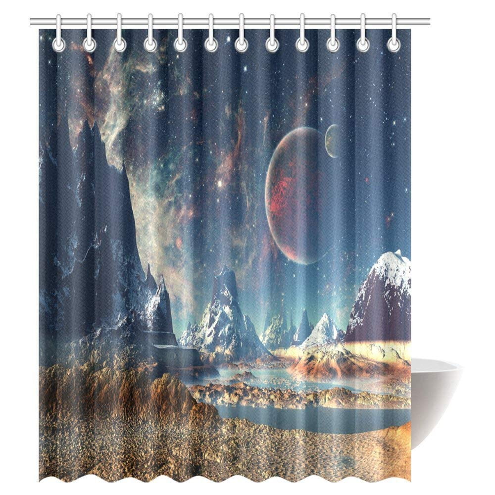 Gckg Fantasy Shower Curtain Alien Planet With Earth Moon And Gckg Fantasy Shower Curtain Alien Planet With Earth Moon And Mountain Sci Fi Galactic Future Cosmos Art Bathroom Hooks