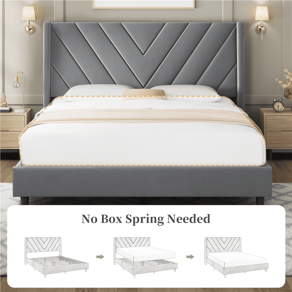 Fullfurnique Upholstered Platform Bed Frame with Wooden Slat Support, Full, Light Gray