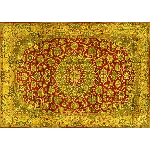 Ahgly Company Machine Washable Indoor Rectangle Medallion Yellow Traditional Area Rugs, 7' x 10'
