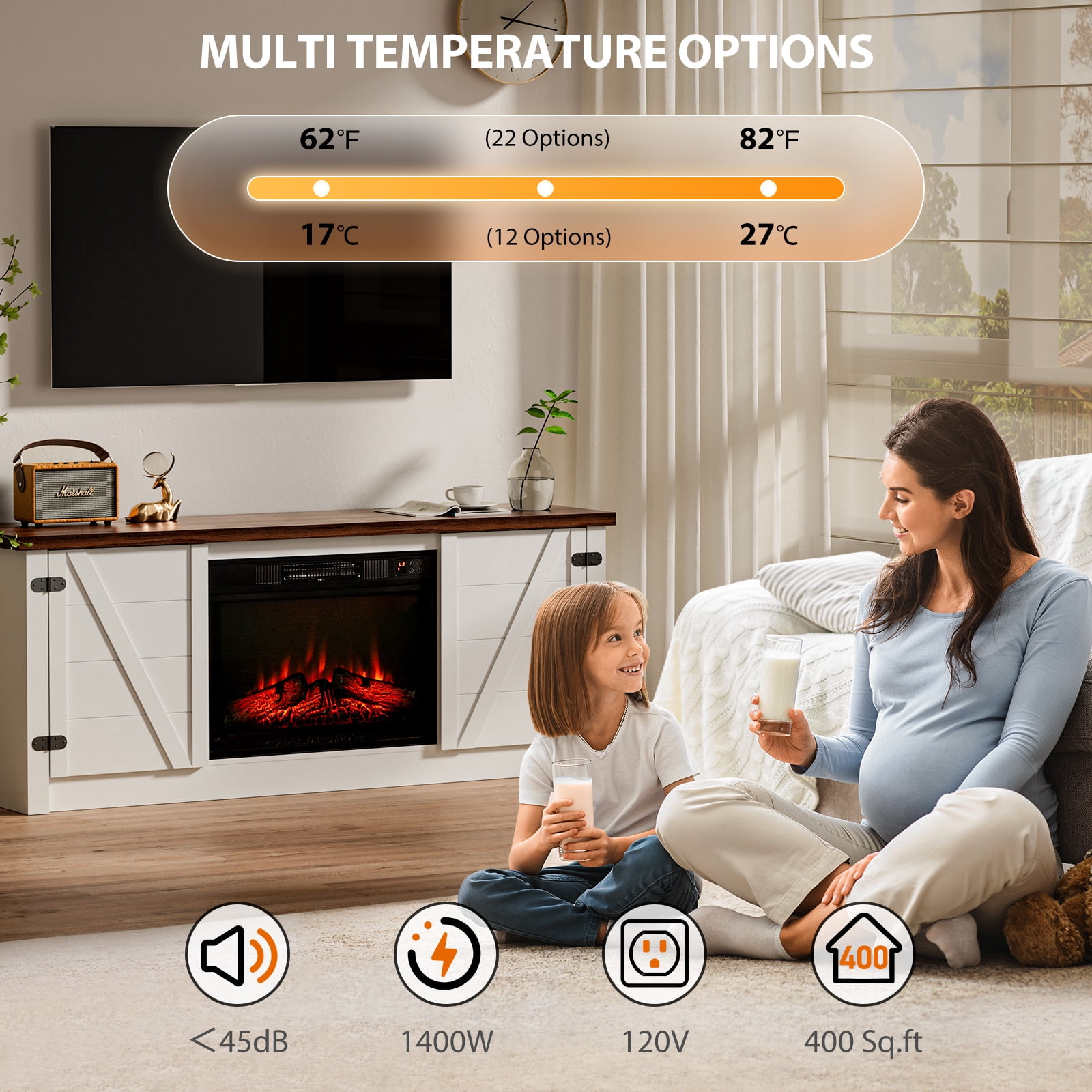MARNUR Electric Fireplace TV Stand for TVs up to 65", Farmhouse Entertainment Center with 2 Doors, Rustic Wood, White