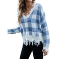 thumbnail image 4 of Xuanfei Women Plaid Deep V Neck Long Sleeve Fringed Ripped Crop Sweater, 4 of 7