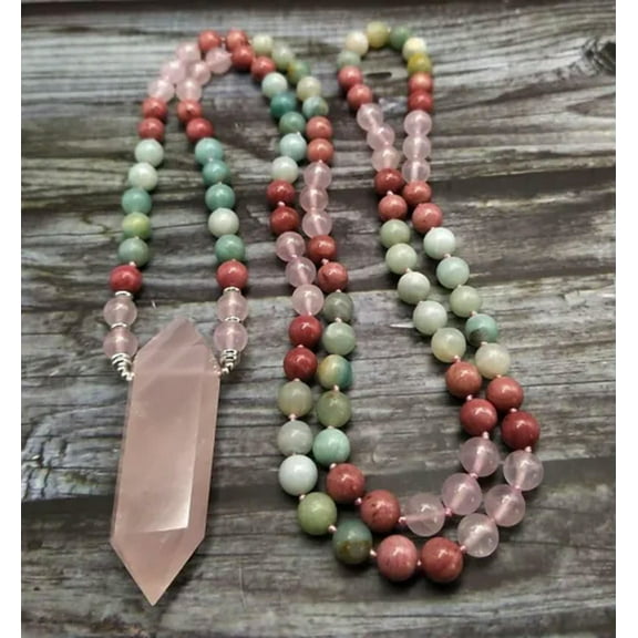 EOEMY Natural Quartz Point Rose Quartzs Stone Beads Knotted Handmade Beads Necklace-100Cm