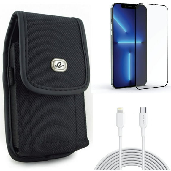 Screen Protector & Case Belt Clip & 6ft PD Cable for iPhone 13 Pro Max ONLY - Anti-Glare Tempered Glass Matte   Rugged Holster Canvas   USB-C Fast Charger Long Combo