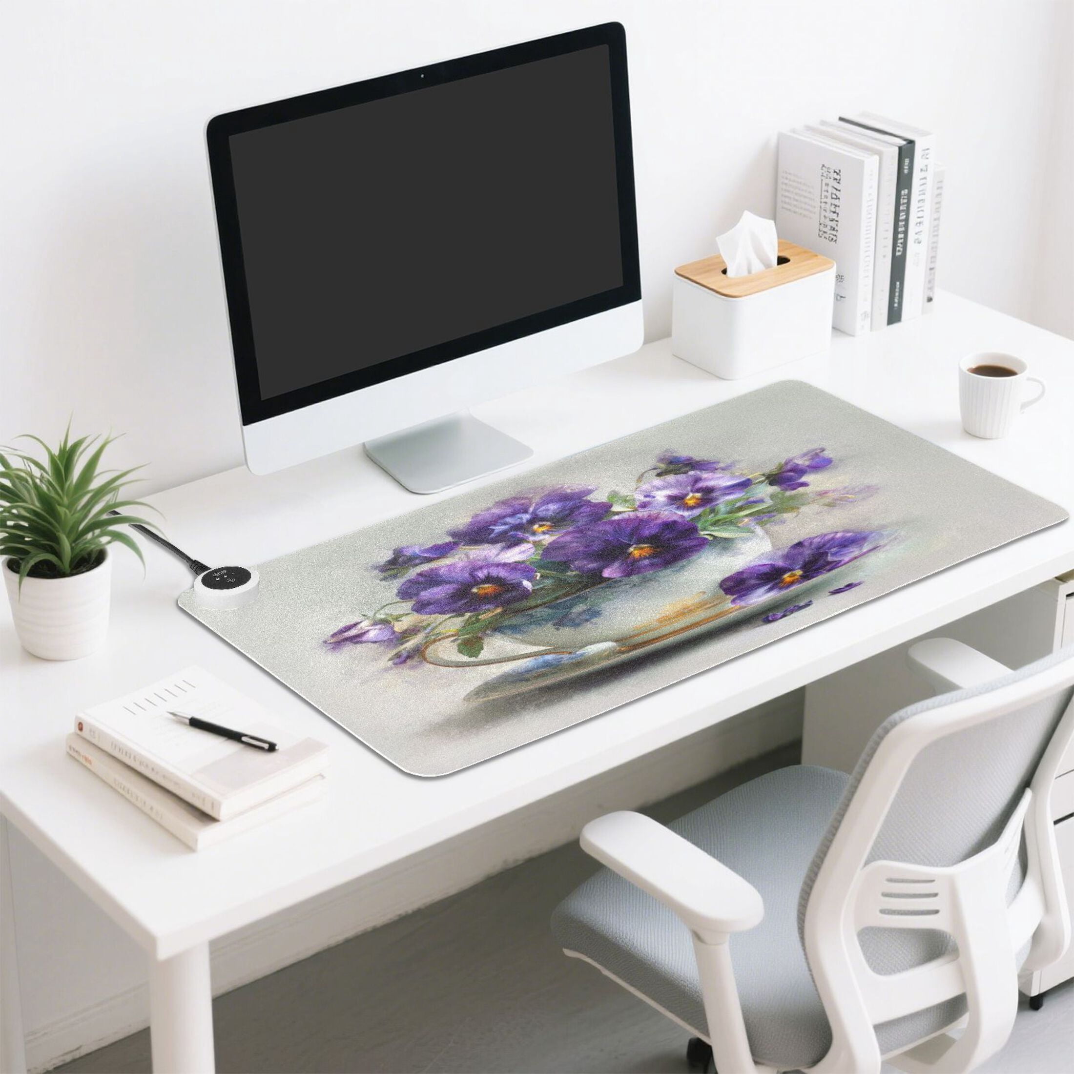 Large Heated Desk Mat Mouse Pad 31.5"x13"PU Leather Graphene Heating Desk Warmer with 3 Temperature Settings 110V US Plug Non-Slip Warm Pad for Home, Office, and Gaming Oil Painting Of Pansies