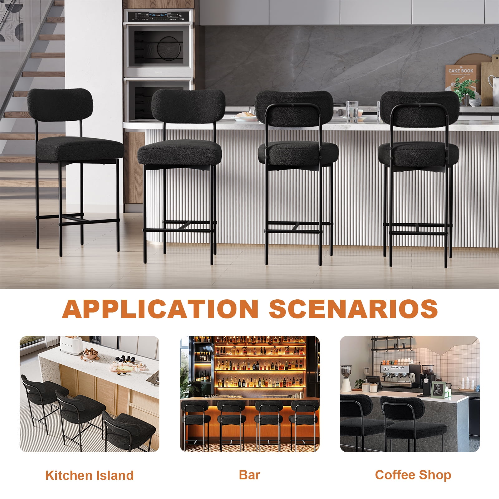Hommpa Bar Stools Set of 4 with Back & Footrest 26" Counter Height Barstools Boucle Bar Chairs Modern Pub Chairs Black Plush for Kitchen Island Bistro Coffee Shop Mid Back
