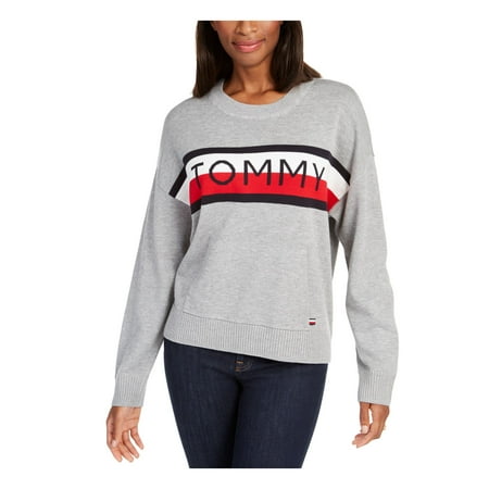TOMMY HILFIGER Womens Gray Printed Long Sleeve Crew Neck Sweater Size: S