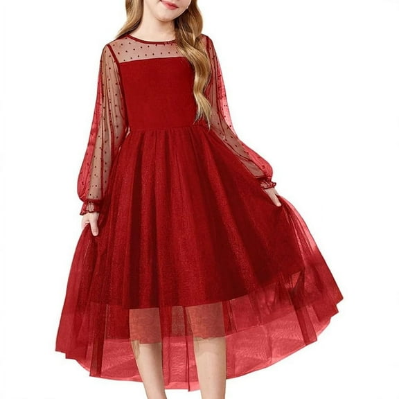 Flower Girl Dress,Girls Long Sleeve Mesh Princess Dress,Spring Party Gown, ElegantAttire,Toddler Girl Dress,Red,9-10 Years