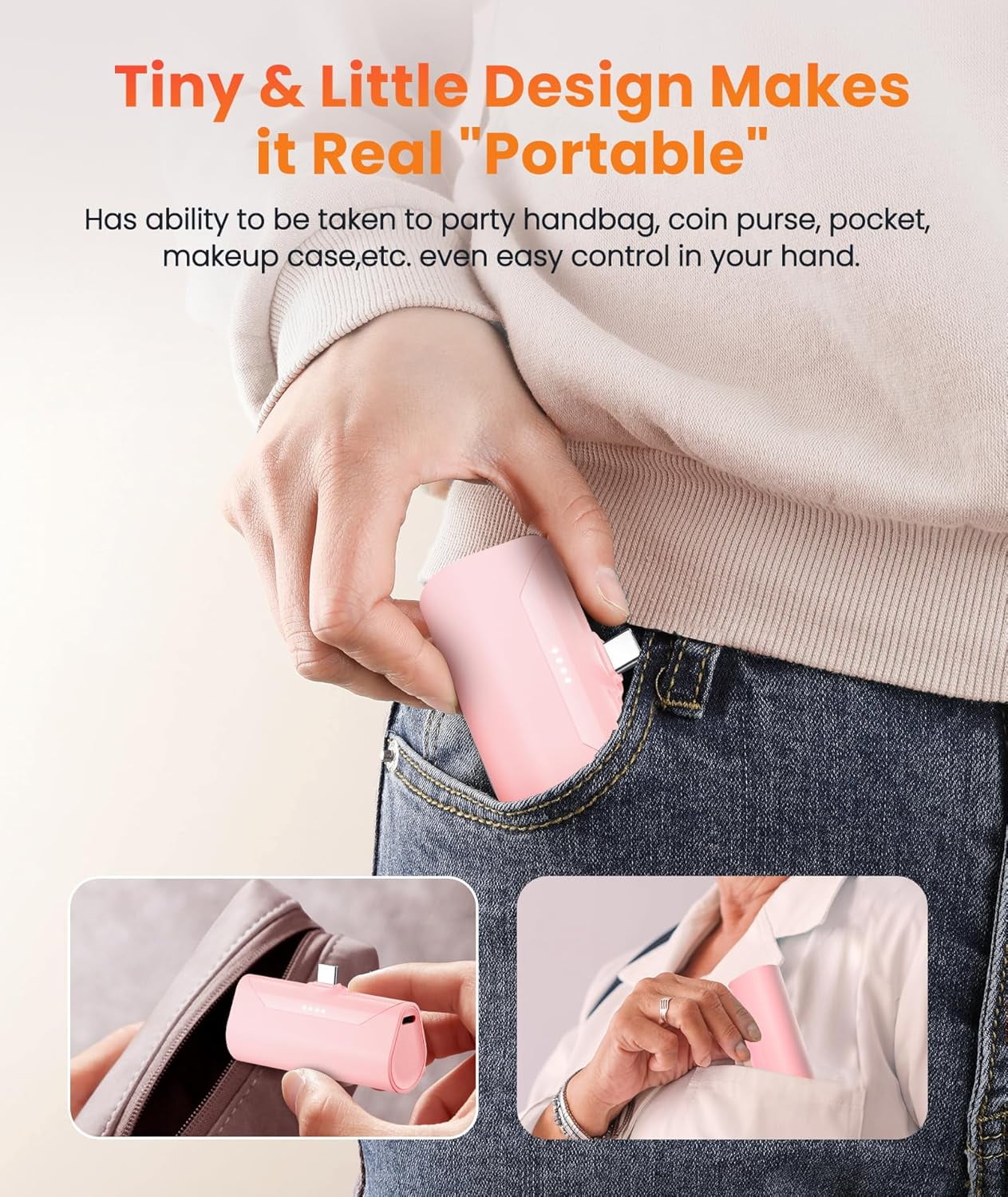 RGHJAR-Mini Pink USB C Portable Battery Charger for iPhone 15 Pro Max, 4800mAh Little Charger Battery Pack Compact Power Bank Back Phone Charger for iPhone 15/16/Samsung Galaxy S22/Note 20/Google/Pix