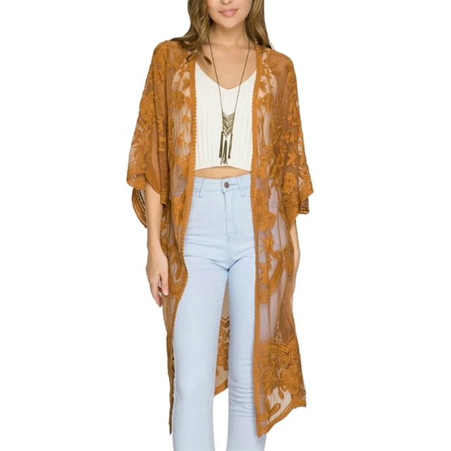 VISgogo Cárdigan de playa informal para mujer, color sólido, manga 3/4, bordado transparente, cubierta de flores VISgogo moda
