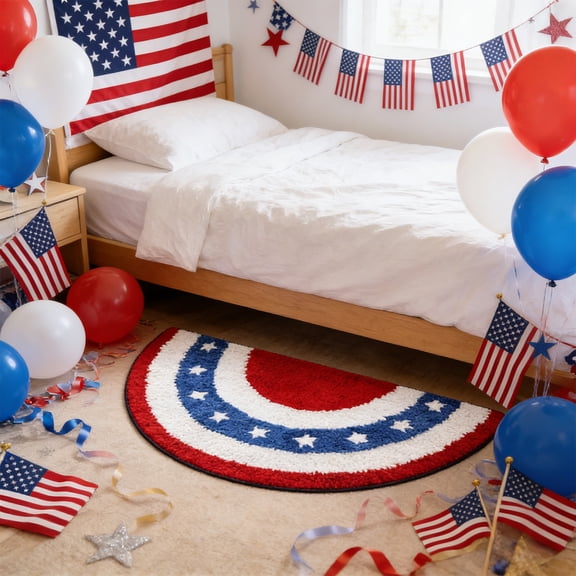 Tyidzon 4th of July Doormat Soft Absorbent Fan Shaped Flag Carpet Non Slip Washable Patriotic Decorations Bath Mat for Independence Day Decorations