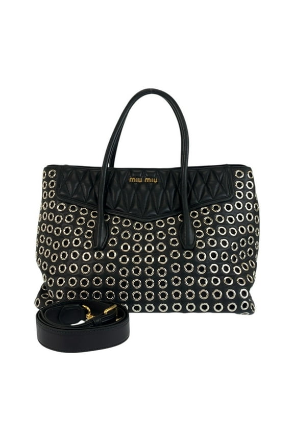 Pre-Owned Miu Miu Miu Biker Punching Black Leather Tote Bag Shoulder 2way Women's