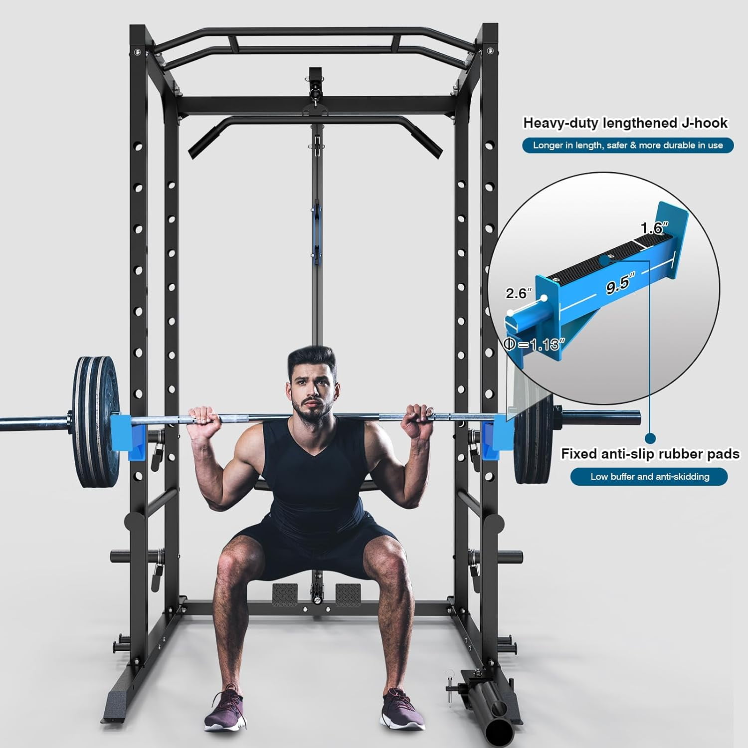 Power Cage Multi-Functional J-Hooks, Dip Handles, Landmine, Cable Pulley for Home Gym