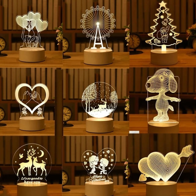 Lámpara 3D de acrílico con USB, luces LED de noche, letrero de neón, decoraciones navideñas para el hogar, dormitorio, decoración de cumpleaños, regalos de boda3104