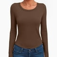 thumbnail image 6 of felwors Womens Crewneck Long Sleeve Shirt Double Lined Basic Tees Side Ruched Going Out Crop Tops Coffee, XL, 6 of 6