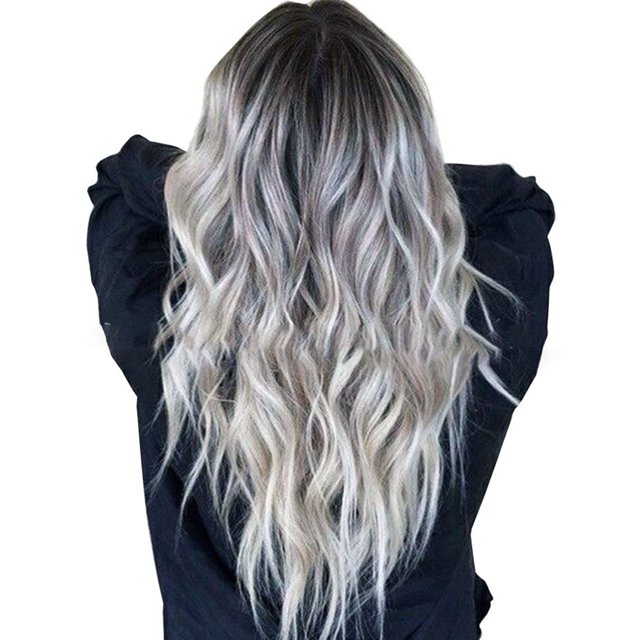 Mujeres larga rizada de gradiente de pelo gris raíz negro delantero frente wavy wig sintético peluca de calor resistente al calor 70 cm Jooan Modelo