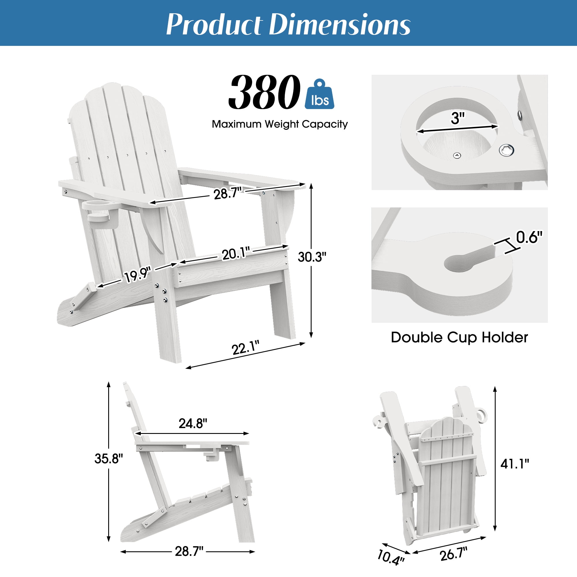 Folding Adirondack Chairs Set of 2, HDPE Plastic Fire Pit Chairs, White