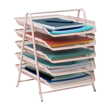 Mind Reader 5-Tier Paper Tray, Desktop Organizer, File Storage, Workspace, Office, Metal, Pink
