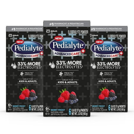 Pedialyte AdvancedCare Plus Electrolyte Powder, with 33% More Electrolytes and PreActiv Prebiotics, Berry Frost, Electrolyte Drink Powder Packets, 0.6 oz (18