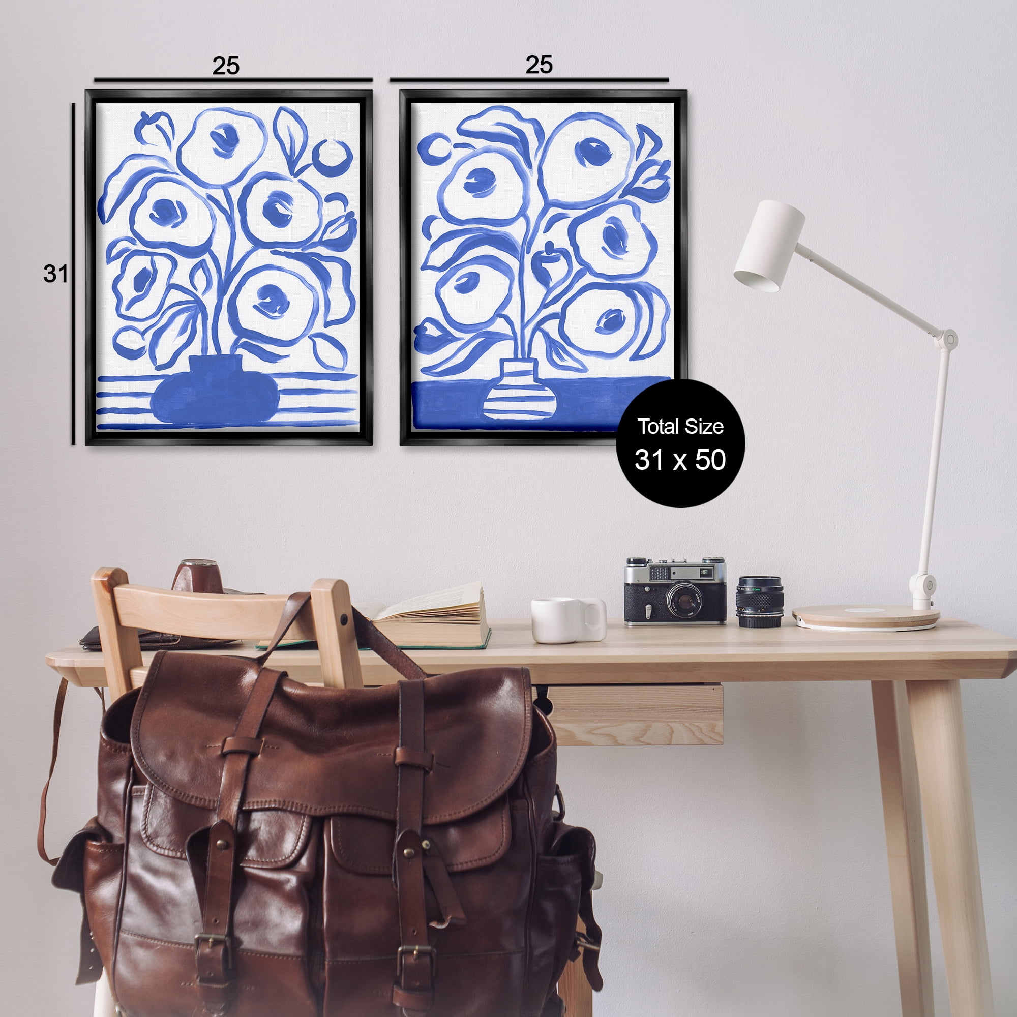 Stupell Industries Modern Blue Floral Vase Plants & Flowers Painting Black Floater Framed Canvas Art Print Wall Art, 31 x 25, Set of 2