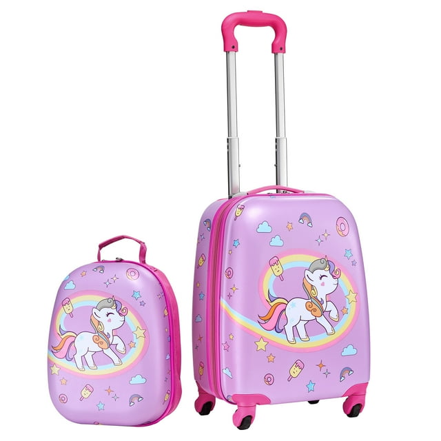 KFFKFF Ensemble de Bagages pour Enfants, Trousse de Voyage 2 Pcs Comprenant une Valise Rigide Rose de 18 Pouces à Roulettes et un Sac à Dos Rigide Assorti au Motif Licorne. la Valise Comprend des Roues Pivotantes à Roulement Fluide, une Poignée Télescopique Ajustable et des Compartiments Spacieux pour Vêtements, Jouets et Essentiels. le Sac à Dos Complète l'Ensemble avec un Rangement Supplémentaire pour les Fournitures Scolaires Ou les Articles de Voyage. les Deux Pièces Sont Légères, Durables et Approuvées par les Compagnies Aériennes, les Rendant Idéales pour les Voyages des Enfants Ou l'Usage Quotidien.