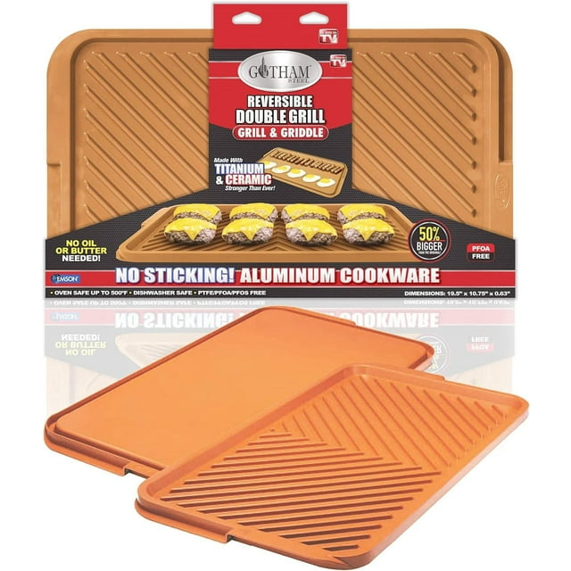 Gotham Steel Diamond Reversible Nonstick Double Grill and Griddle Pan with titanium and ceramic-coated aluminum, featuring a ridged grill side and smooth griddle side, measuring 19.5 by 10.75 inches, oven safe to 500°F and dishwasher safe, ideal for grilling and griddling with no oil or butter needed for easy cleanup.