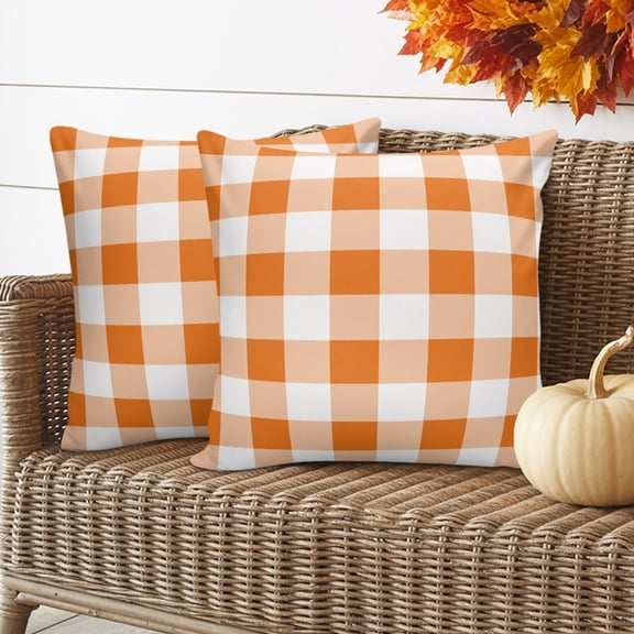 2 Pack Outdoor Waterproof Throw Pillow Covers,Fall Orange Gingham Check Decorative Square Pillow Case Patio Pillowcases for Chair Couch Sofa 16x16in