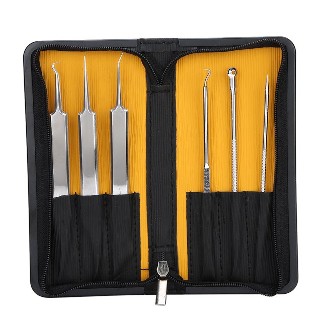 6 uds aguja de acné de acero inoxidable espinillas Extractor de espinillas Clip cuidado Facial (negro + amarillo)