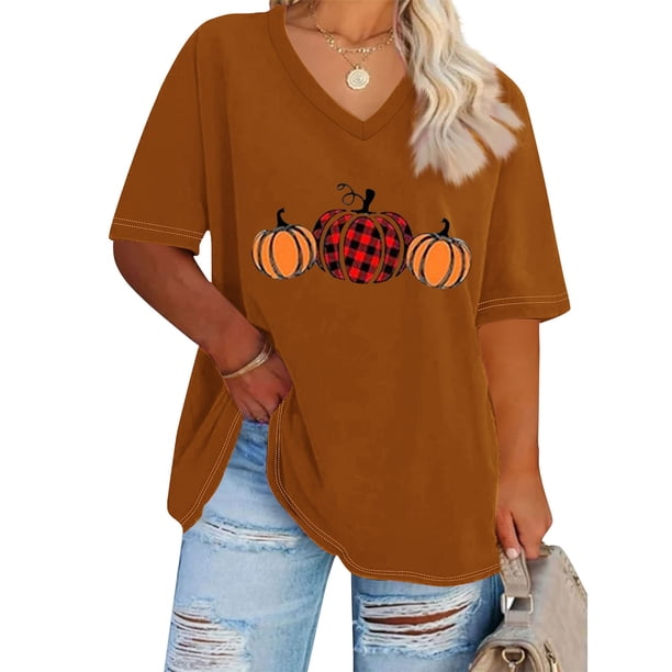 Fiudx Tops para Mujer Camiseta Básica de Verano de Color Sólido de Manga Corta Calabaza con Acción de Gracias con Cuello En V Grande para Mujer