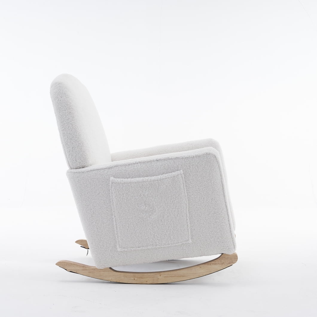 Nursery Rocking Chair with Adjustable Footrest & Ergonomic Backrest, Teddy Fabric Glider Chair with Side Pocket & Thick Seat Cushion, Rocking Accent Chair for Living Room Bedroom Office, Ivory