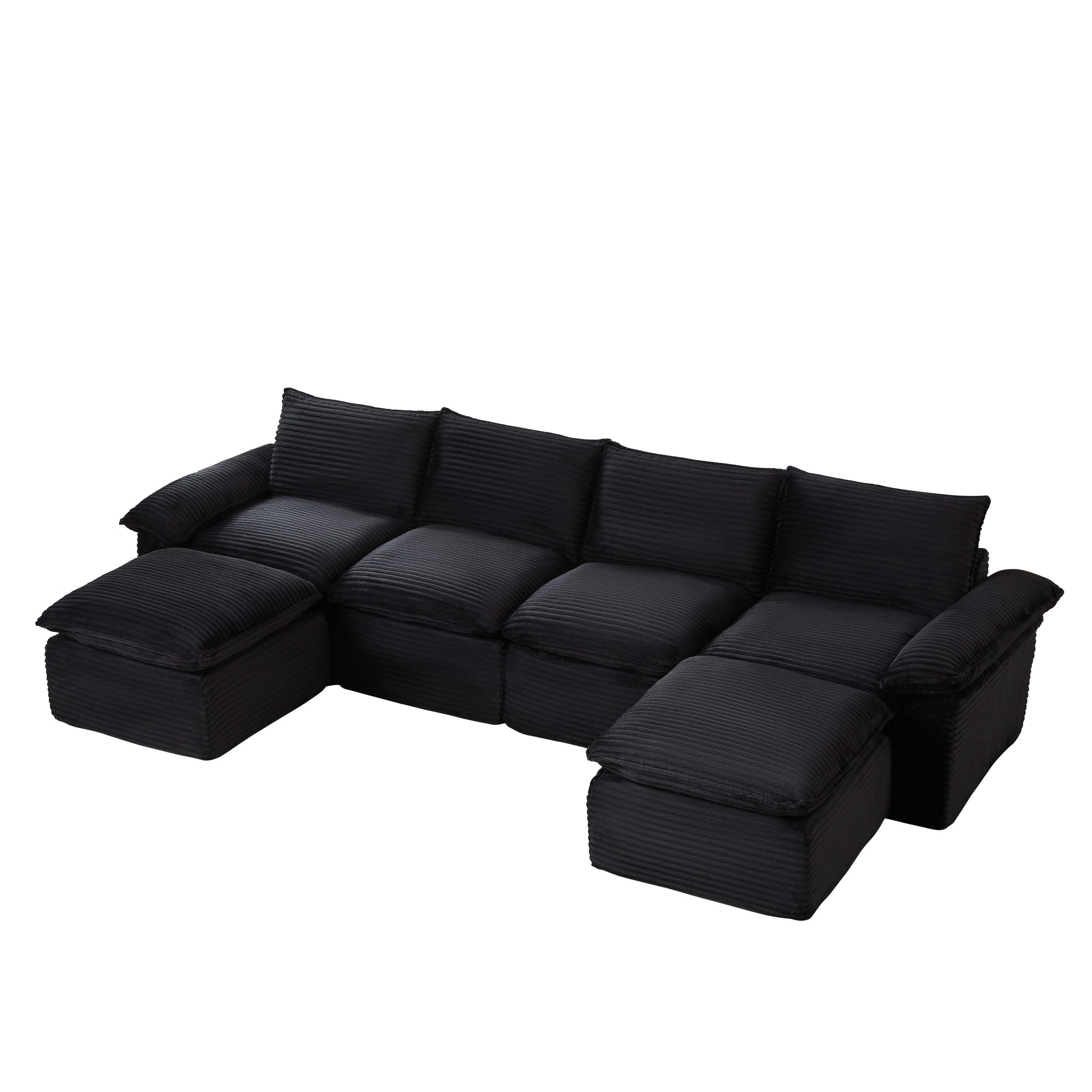 Aukfa 141.74" Oversized U-Shape Modular Sectional Cloud Sofa with Ottoman, Modern Comfy Deep Seat Corduroy Couch for Living Room, Black