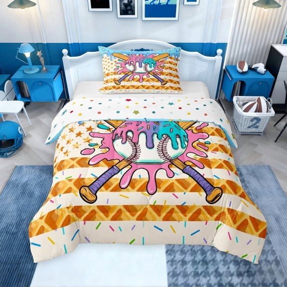 Erosebridal Baseball Ice Cream Drip Twin Comforter Sets, Waffle US Flag Bedding Set, Colorful Polka Dots Reversible, 1 Comforter and 1 Pillowcase