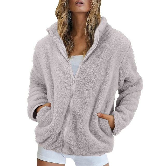 Womens Fuzzy Sherpa Fleece Jacket Zip Up Oversized Winter Warm Sweatshirt Hoodies