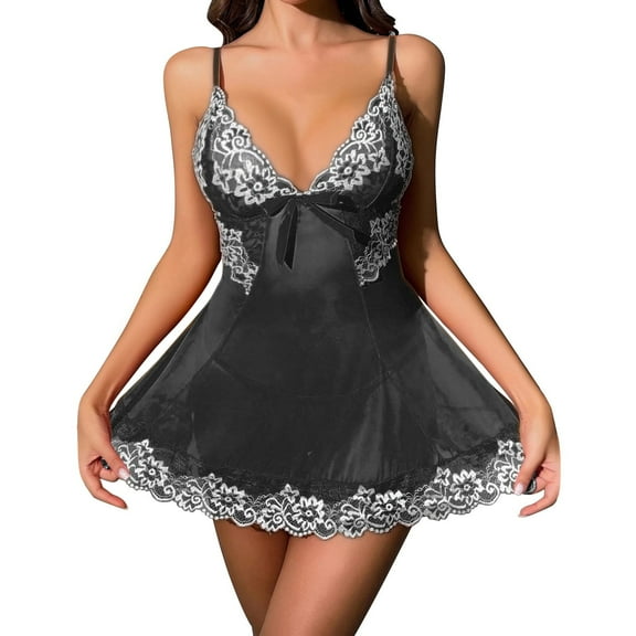 Ujnder Women's Nightgown Lace Bodysuit with Shapewear Alluring Sheer Black M