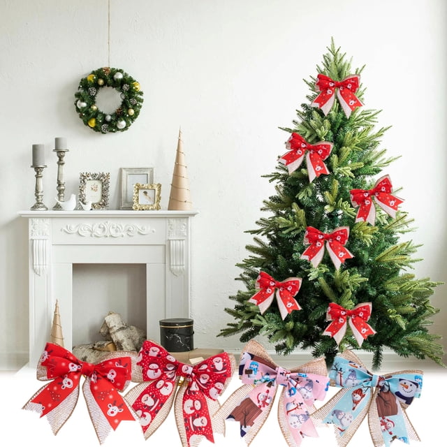 Christmas Tree Bows with Bells - Double Layered Fabric Bows for Gift Wrapping and Holiday Decorations