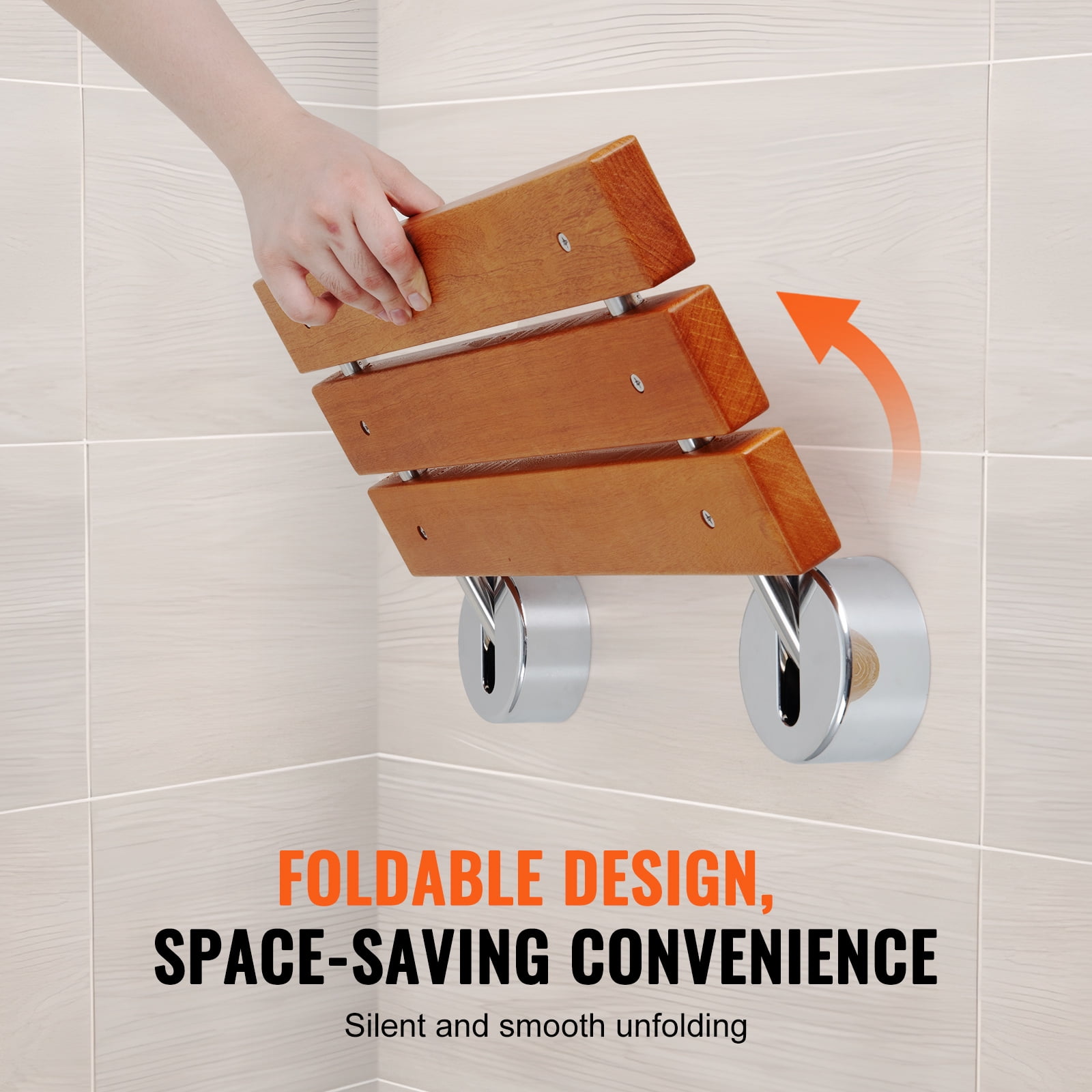VEVOR Folding Teak Shower Seat, 20.1" x 13.2" Unfolded, Wall Mounted Fold Up Shower Bench with 440 lbs Load Capacity, Space Saving Home Care Fold Down Shower Chair, for Seniors Pregnant Women
