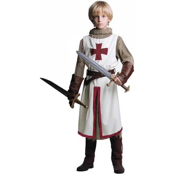 VZQI Kids Crusader Knight Costume Set, Medieval Warrior Tunic with Belt, Boys Renaissance Halloween Dress Up Outfit for Costume Party Role Play
