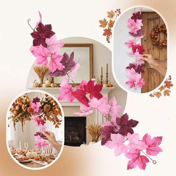 Harvest Festival Pink Vines Decoration, Fall Harvest Foliage Vine, Artificial Maple Leaf Garland, 39.4 Inch Faux Fall Foliage for Mantel, Thanksgiving Wedding Farmhouse Hanging Home Decorations