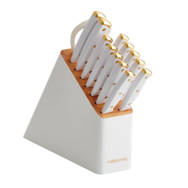 Juego de bloques de cuchillos Farberware blanco/dorado, 14 piezas