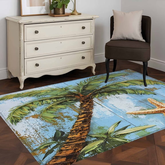 3'x5' Area Rugs, Coastal Beach Indoor Outdoor Area Rug for Living Room Bedroom, Oil Painted Tropical Palm Tree Starfish Washable Bathroom Rugs Kitchen Floor Carpet Mats Home Decor Aesthetic