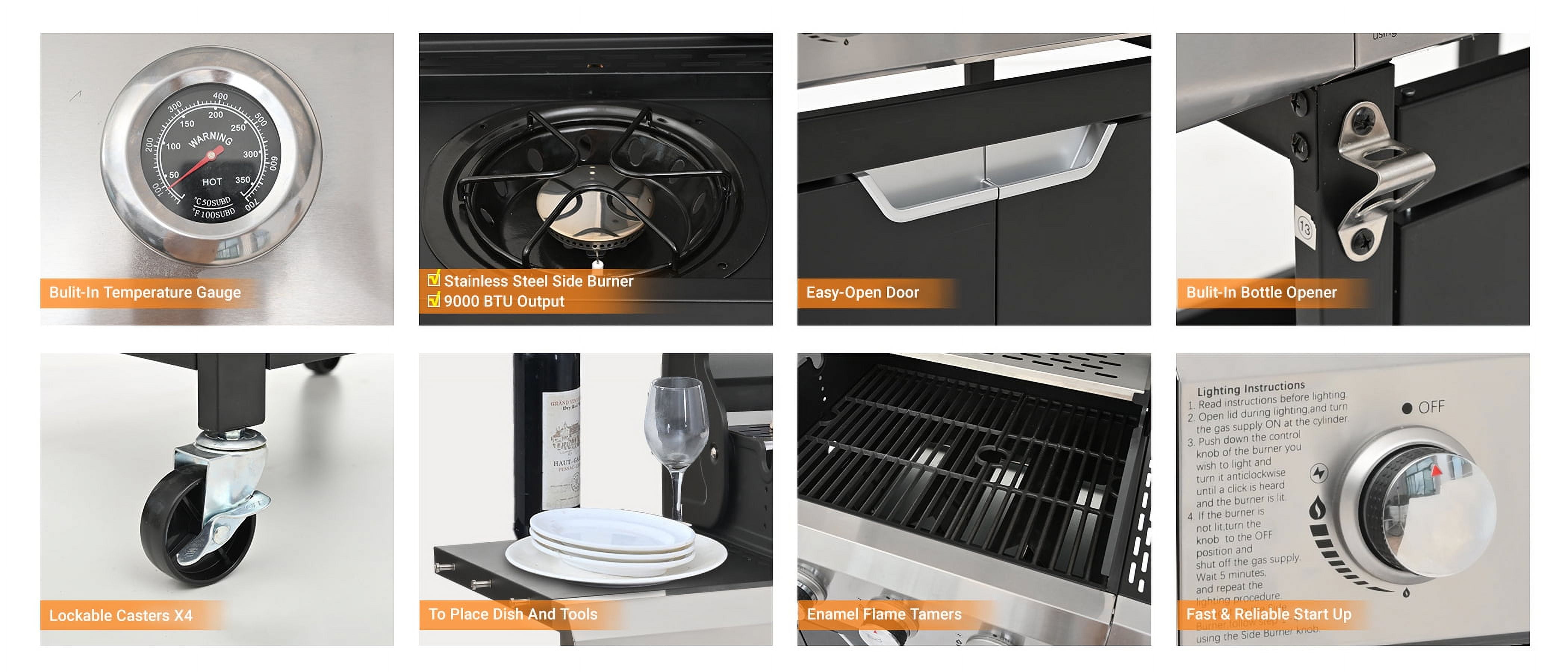 Propane 3 Burner Gas Grill with Side Burner Durable Stainless Steel Construction Ideal for Outdoor BBQ Events