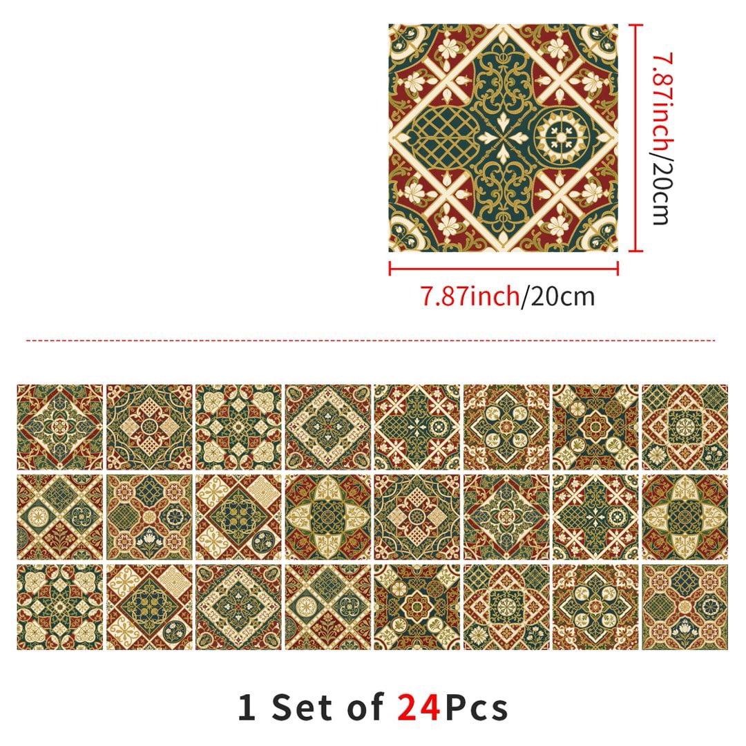 24 Sheets Peel and Stick Tile Sticker Backsplash 7.87" x 7.87" Green Red Flowers Pattern Wall Stickers Self Adhesive Waterproof Decals