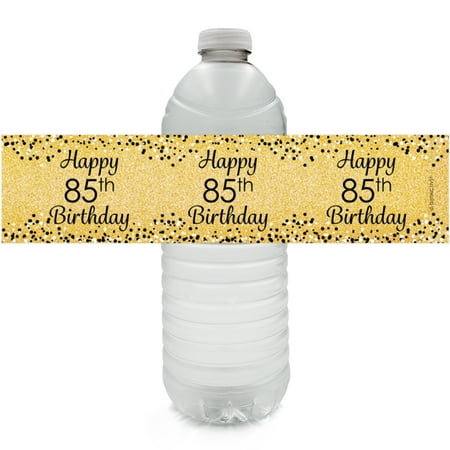 85th Birthday Water Bottle Labels, 24 ct - Adult Birthday Party Supplies Black and Gold 85th ...