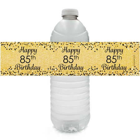 85th Birthday Water Bottle Labels, 24 ct - Adult Birthday Party Supplies Black and Gold 85th Birthday Party Decorations Favors - 24 Count Sticker Labels