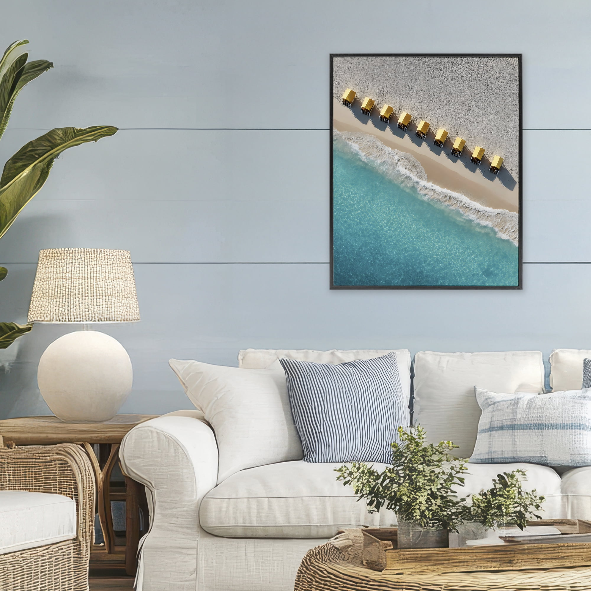 Stupell Industries Yellow Cabanas Along Shore Black Framed Giclee Art, design by Franklyn Gregory